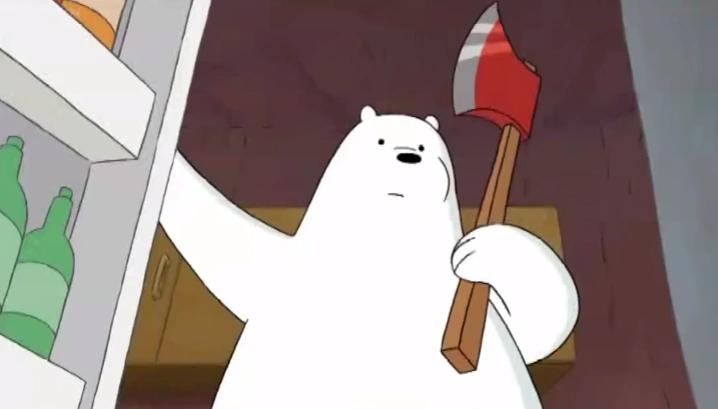 Ice Bear with an axe looking at the opened fridge